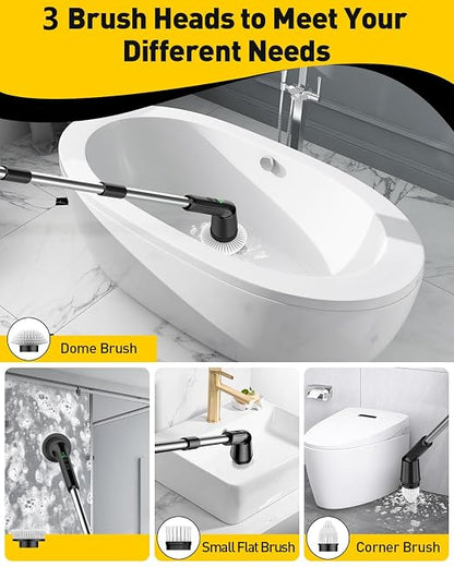 Electric Spin Scrubber for Bathroom, Shower Scrubber with Long Handle | Shower Cleaner Brushes, IPX7 Waterproof & 2 Speed, 3 Brush Heads, 90min Runtime, Bathroom Cleaning Supplies for Toilet Tub