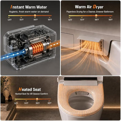 Smart Toilet with Bidet Built in, Tankless Smart Toilet 12 Inch Rough In, Auto Open and Close Lid, Heated Seat, Warm Air Dryer, Foot Sensor Operation, LED Display & Night Light, 1000g MaP