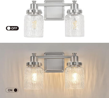 2 Light Bathroom Vanity Light Fixtures Modern Brushed Nickel | ETL Certificate, Easy to Install,Wall Mount Up or Down,Hammered Glass Lampshade,E26 Socket,Hardwired,120V