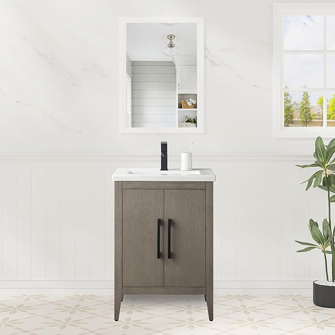 HomeBeyond 24 Inch Bathroom Vanity with Sink & Ceramic Top, Single Vanity Cabinet with Basin, Soft-Closing Doors & Matte Black Hardware, Driftwood Gray