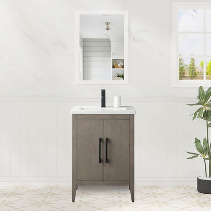 HomeBeyond 24 Inch Bathroom Vanity with Sink & Ceramic Top, Single Vanity Cabinet with Basin, Soft-Closing Doors & Matte Black Hardware, Driftwood Gray