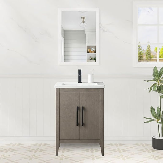 HomeBeyond 24 Inch Bathroom Vanity with Sink & Ceramic Top, Single Vanity Cabinet with Basin, Soft-Closing Doors & Matte Black Hardware, Driftwood Gray