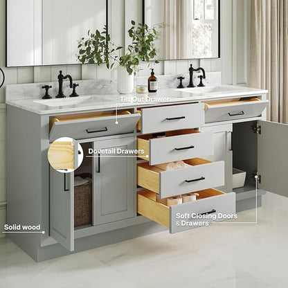ARIEL Hepburn 72-inch Bathroom Vanity with Sink,Solid Wood, 0.75-inch Italian Carrara Marble Countertop, Double Rectangular Porcelain Sink, 4 Soft Closing Doors, 6 Dovetail Drawers, Grey