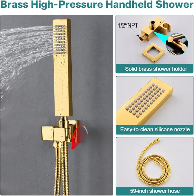 HOMEDEC LED Thermostatic Shower System with 6 Body Jets, 14x20" Shower Head | 3 Spray Modes: Rainfall, Mist and Waterfall; Up/Down Shower Spout; Handheld Shower; 6-Way Solid Brass Valve; Gold Finish