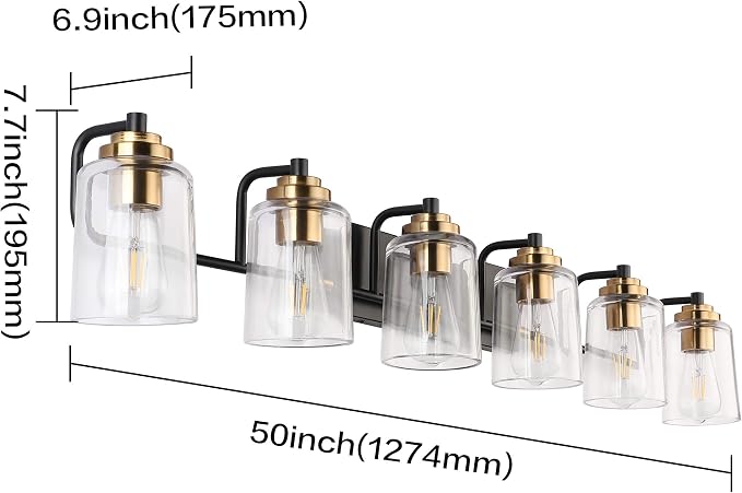 SOLFART Vintage Wall Vanity Lights for Bathroom Vanity Light 40 inch Black Globe Light Metal with Clear Glass Brass Fixtures Wall Mount Lighting Sconce 6 Light