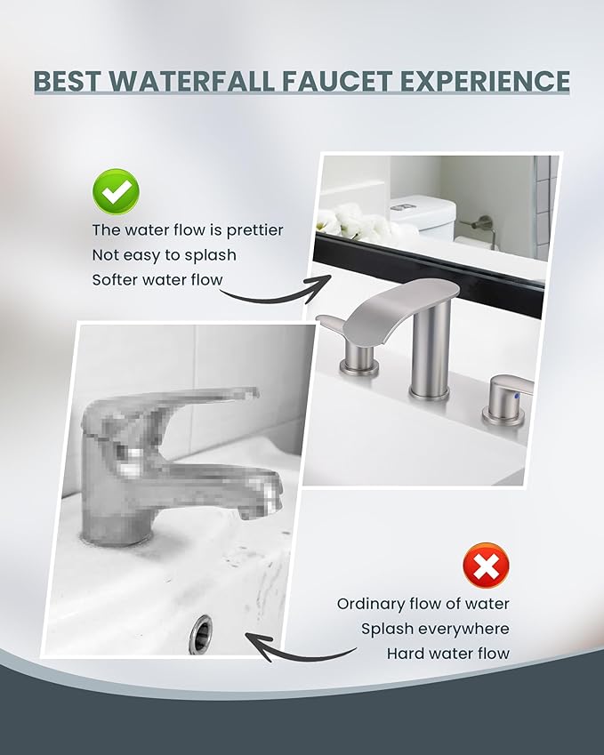 WOWOW Waterfall Bathroom Faucet 3 Holes 8Inch Widespread Bathroom Sink Faucet, Two Handles Brushed Nickel Bathroom Faucet with Pop-up Drain & Supply Hoses, Modern Faucet Mixer Taps Brushed Nickel