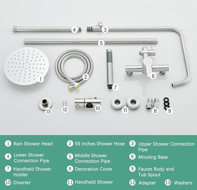 Rain Shower System Outdoor Shower Fixtures with 8" Rain Shower Head Handheld Sprayer Single Handle Wall Mounted Bathroom Shower Faucet Set Brushed Nickel for Bathroom or Backyard