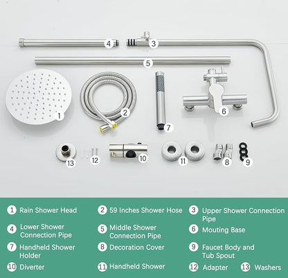 Rain Shower System Outdoor Shower Fixtures with 8" Rain Shower Head Handheld Sprayer Single Handle Wall Mounted Bathroom Shower Faucet Set Brushed Nickel for Bathroom or Backyard