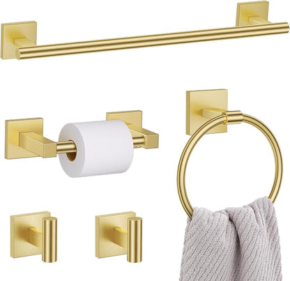 Lairuier Brushed Gold Bathroom Accessories, Towel Bar Set Wall Mounted | 5 Pieces Bathroom Hardware Set, SUS304 Stainless Steel Double Base 23.6" Towel Bar, Towel Ring, Toilet Paper Holder & Hooks