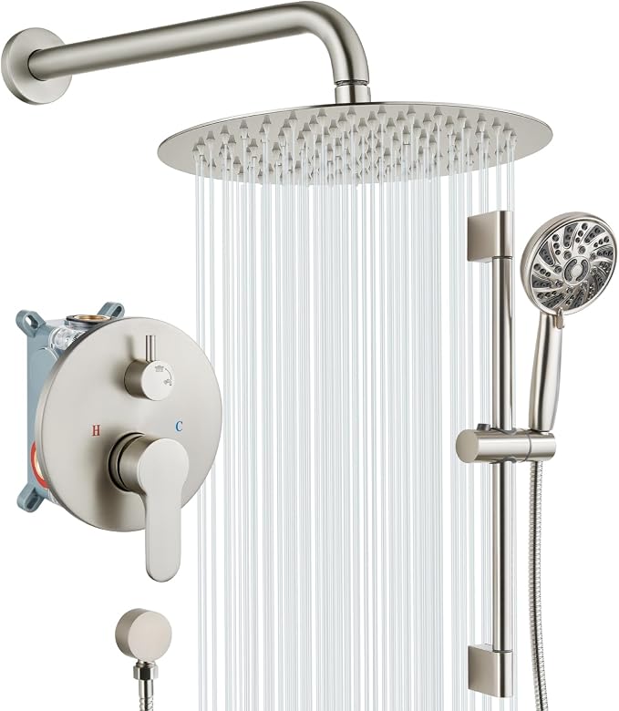 gotonovo Slide Bar Shower System Faucet Set Complete,Brushed Nickel,12 Inch | Rain Round Shower Head with 6-Modes Handheld Spray,Valve and Trim Kit Included,Bathroom Wall Mount,All Metal,2-In-1 Diverter