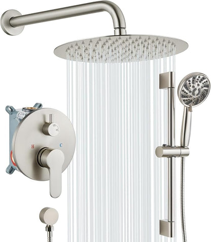 gotonovo Slide Bar Shower System Faucet Set Complete,Brushed Nickel,12 Inch | Rain Round Shower Head with 6-Modes Handheld Spray,Valve and Trim Kit Included,Bathroom Wall Mount,All Metal,2-In-1 Diverter