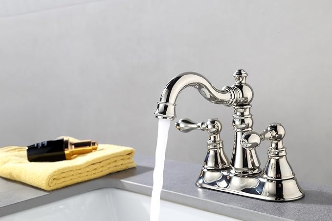 Two Handle Bathroom Faucet Polished Nickel Faucet 3 Hole with Plastic Overflow Pop-Up Drain,Swivel Spout Bathroom Sink Faucet 4 Inch Centerset,F-0048-PN