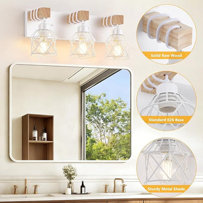 FadimiKoo 3-Light Farmhouse White Bathroom Vanity Light Fixtures, Rustic Wood Vanity Lights for Bathroom, Modern Bath Sconces Wall Lighting with Elegant Metal Shade for Mirror, Living Room, Bedroom