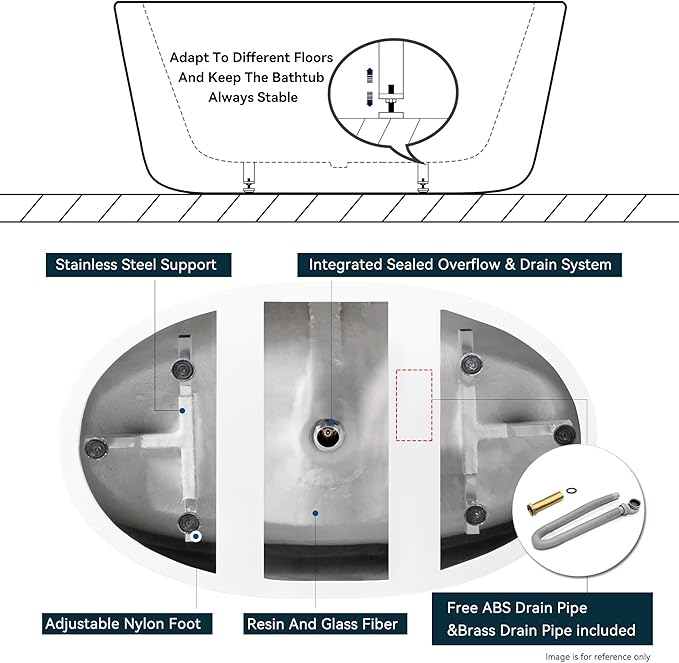 FerdY Koh Samui 65" Freestanding Bathtub, Elegant Oval Shape, Double Walled Insulation Bathtub with Center Brushed Gold Drain & Minimalist Linear Design Overflow
