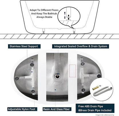 FerdY Koh Samui 65" Freestanding Bathtub, Elegant Oval Shape, Double Walled Insulation Bathtub with Center Polished Gold Drain & Minimalist Linear Design Overflow