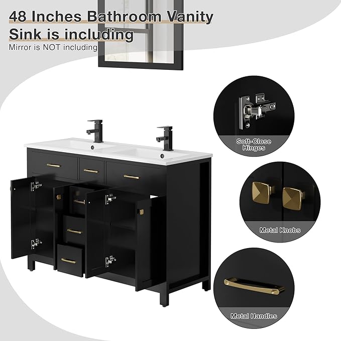 LUCKWIND 48" Bathroom Vanity with Sink Combo, Painted Modern Bathroom Storage Cabinet with Double Resin Sink, Four Doors and Three Drawers, Include Faucet Without Mirror, Black