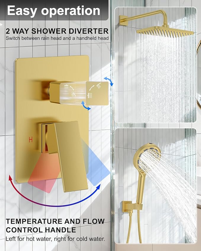 Brushed Gold Shower System Set - Complete with Valve Kit, Rainfall & Filtered Handheld Shower Head spray, Modern Bathroom Fixtures