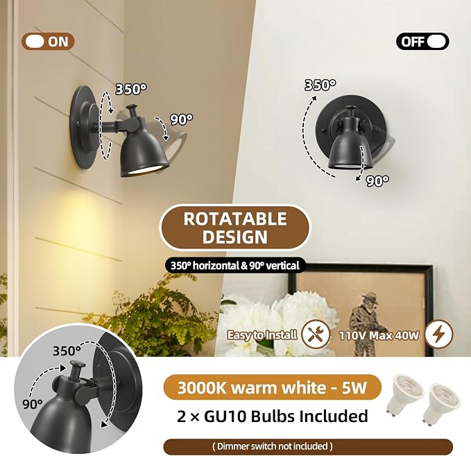 Black Small Wall Sconce Hardwired Set of 2 - Matte Brass Mini Bell Light | Adjustable Vintage Indoor Fixture with Dimmable Bulb,for Bedside Reading Bedroom Hallway Kitchen Vanity Gallery Picture Light
