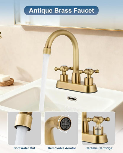 Antique Brass 4 Inch Centerset Bathroom Faucet, Vintage Bathroom Faucet | Lead-Free SUS304 Stainless Steel 4-Inch Vanity Faucet for 2 or 3-Hole Sinks, Cross Handle Design with 360° Swivel Spout