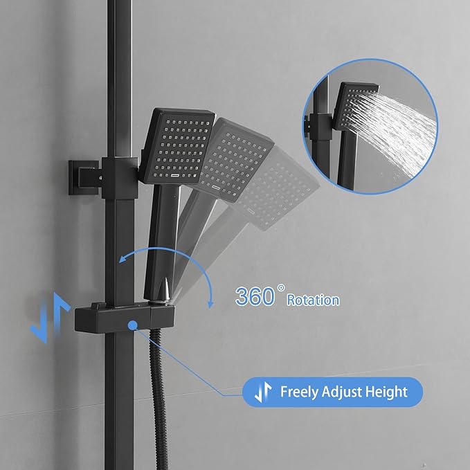Homevacious Wall Mount Outdoor Shower Kit 9 Inch Rainfall Shower Head Handheld Spray Single handle Center Exposed Shower with Square Shower Head Matte Black