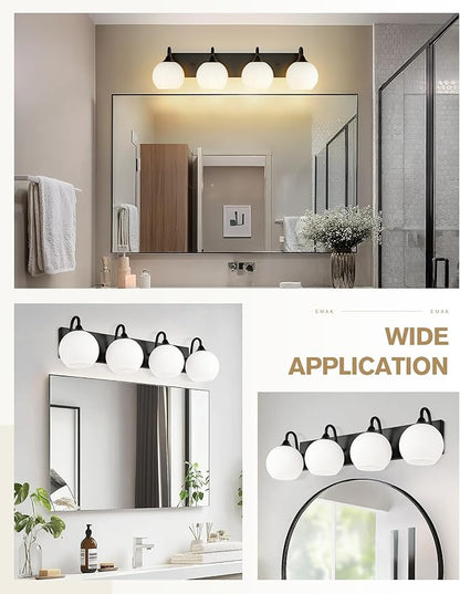 Emak 29 Inch Black Vanity Lights with Milk Glass Shade, 4-Light Bathroom Light Fixtures Over Mirror, Modern Farmhouse Globe Wall Sconces for Bathroom, Mirror, VL118-BK-ML-4