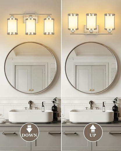 3-Light Brushed Nickel Bathroom Light Fixtures with Milk Frosted Glass, 21" Modern Bathroom Vanity Lighting Fixtures Over Mirror with Metal Cage, Wall Sconce Lights for Bath, E26, OS-3014BNW-3W