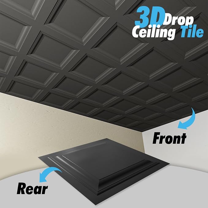 Art3d 12-Pack PVC Waterproof Drop Ceiling Tiles, 2 x 2 ft, Square, Black | Lightweight, Easy to Clean, Compatible with 15/16" Grid System, Suitable for Kitchen, Bathroom