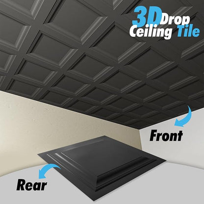 Art3d 12-Pack PVC Waterproof Drop Ceiling Tiles, 2 x 2 ft, Square, Black | Lightweight, Easy to Clean, Compatible with 15/16" Grid System, Suitable for Kitchen, Bathroom