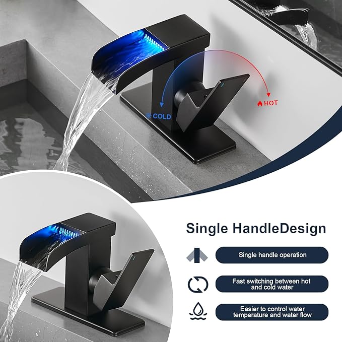 Matte Black LED Waterfall Bathroom Faucet, Single Hole Bathroom Sink Faucet, 3 Colors Light Changing Single Handle Vanity Faucets with cUPC Supply Lines, Stainless Steel