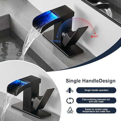 Matte Black LED Waterfall Bathroom Faucet, Single Hole Bathroom Sink Faucet, 3 Colors Light Changing Single Handle Vanity Faucets with cUPC Supply Lines, Stainless Steel