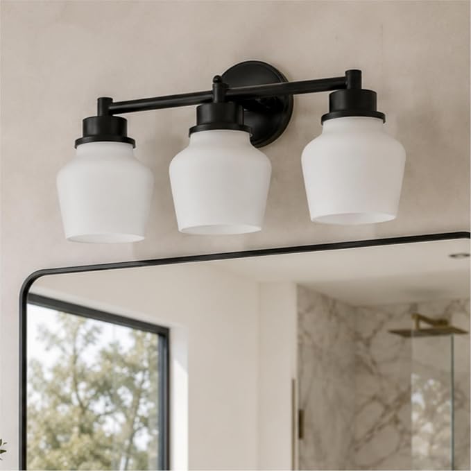 Emak Modern Black Bathroom Lighting Fixtures Over Mirror, Farmhouse 3-Light Vanity Lights with Milk Glass Shade for Bathroom, Mirror, VL122-BK-ML-3