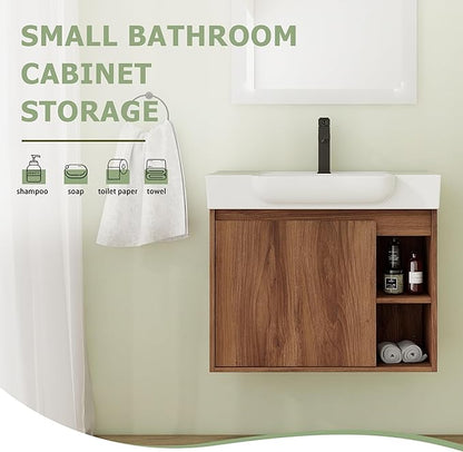 28 Inch Floating Vanity, 28" Bathroom Vanity with Sink, Single Sink Wall Mounted Vanity Combo, Modern Brown Bathroom Vanity Set with 1 Door