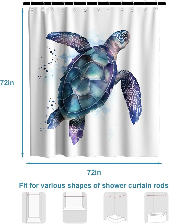Modern Rustic Ocean Shower Curtain, Cute Nautical Tropical Sea Turtle Shower Curtains for Bathroom, Waterproof Bath Curtain with Hooks Machine Washable Bathtub Curtains 72x72 Inch Purple and White