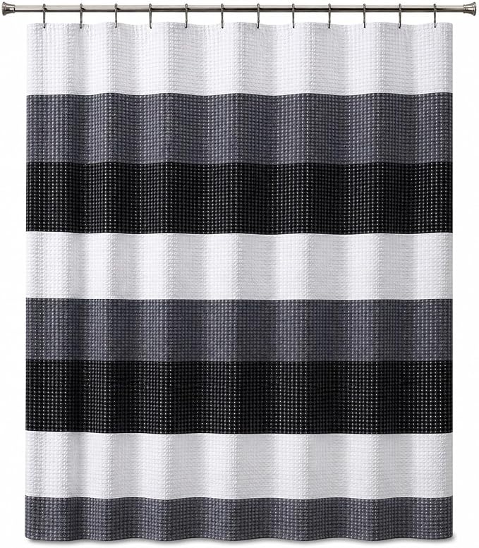 Dainty Home Ombre Waffle Weave Shower Curtain 70 x 72 Black Textured Fabric Shower Curtain, Hotel Style Waffle Weave Bathroom Curtain, Water Resistant Polyester Ombre Shower Curtain