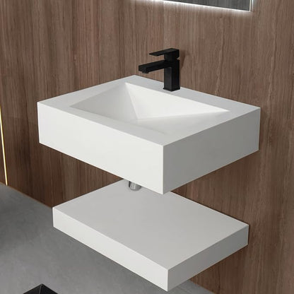 24”x19" Wall-Mount Stone Resin Bathroom Sink Rectangular Vessel Sinks for Bathroom Floating Vanity Sink Trough Modern Art Basin with Shelf Layer