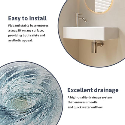 Wall Mount Bathroom Sink, Rectangular, 16" x 9", Left | Porcelain Ceramic, Floating Design, Deep Basin, High-Efficiency Drain, 9"D x 16.1"W x 3.9"H, Easy Clean, Space-Saving