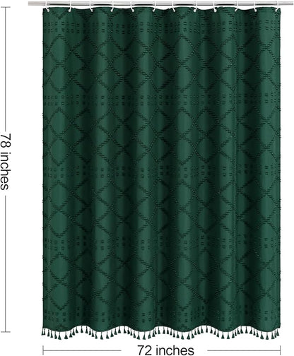 Dark Green Boho Fabric Shower Curtain with Tassel 72x78, Tufted Textured | Modern Farmhouse Curtain for Bathroom, Long Bathroom Curtain, Minimalist Decor, Waterproof