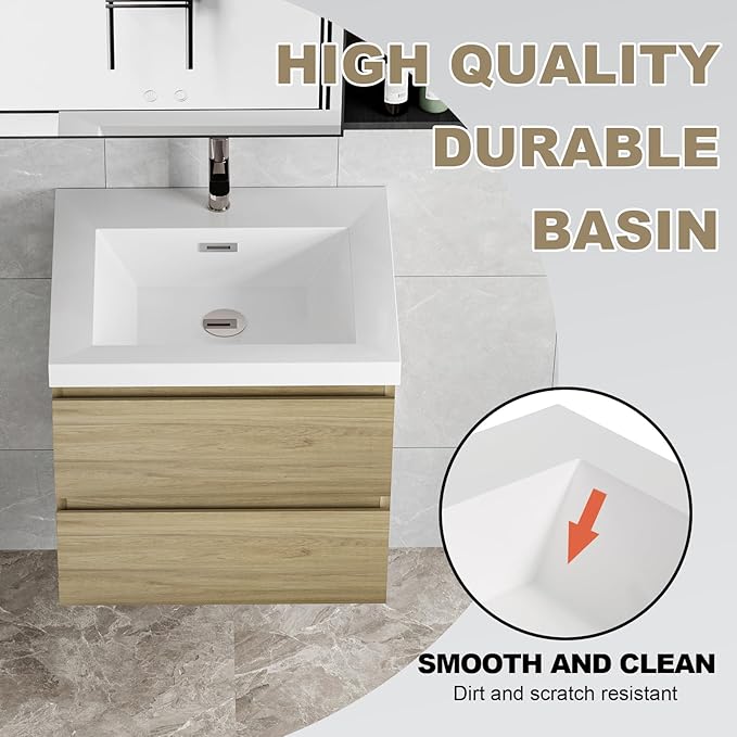 Floating Vanity Bathroom, 30 Inch Bathroom Vanity with Sink, Wall Mounted Single Sink Bathroom Vanity, Soft Closed 2 Drawers, Integrated Sink (Natural Oak)