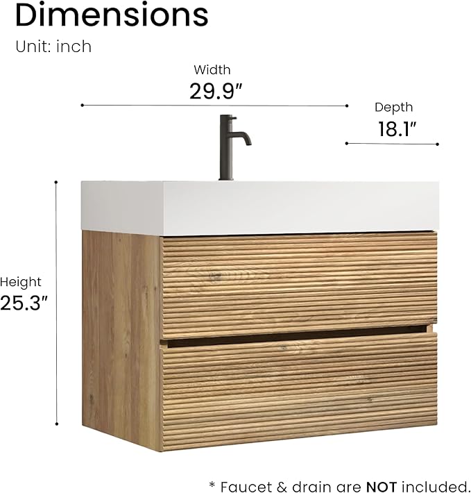 30 Inch Floating Bathroom Vanity with Sink, Modern Floating Bathroom Cabinet with 2 Soft-Closing Drawers, Large Storage for Powder Room, Apartment, Hotel, Rough Oak Finish, Fir Collection
