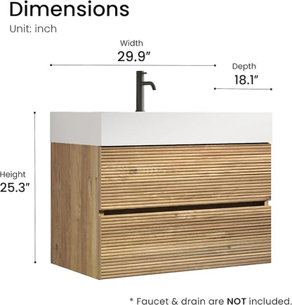 30 Inch Floating Bathroom Vanity with Sink, Modern Floating Bathroom Cabinet with 2 Soft-Closing Drawers, Large Storage for Powder Room, Apartment, Hotel, Rough Oak Finish, Fir Collection
