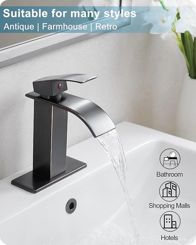 Waterfall Bathroom Faucet Oil Rubbed Bronze, Brass 4 Ins Bathroom Faucets One Hole or 3 Hole, Single Handle with Deck Plate, Pop-up Drain & Water Hose