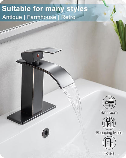 Waterfall Bathroom Faucet Oil Rubbed Bronze, Brass 4 Ins Bathroom Faucets One Hole or 3 Hole, Single Handle with Deck Plate, Pop-up Drain & Water Hose