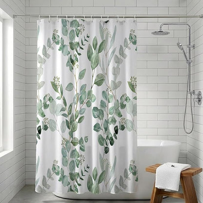 Green Eucalyptus Shower Curtain, Watercolor Floral Pattern with Plant Leaves, Waterproof Polyester Fabric ShowerCurtains Sets with Hooks for Bathroom 72x72 Inches
