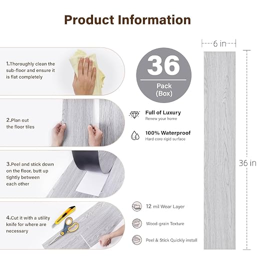 INMOZATA 36-Pack Peel and Stick Flooring Vinyl Floor Tile (White Wash Wood) | 54 Sq.Ft, Waterproof, Heat-resistant, Wood Grain, Strong Adhesive, DIY Flooring for Bedroom Living Room Bathroom Kitchen RV