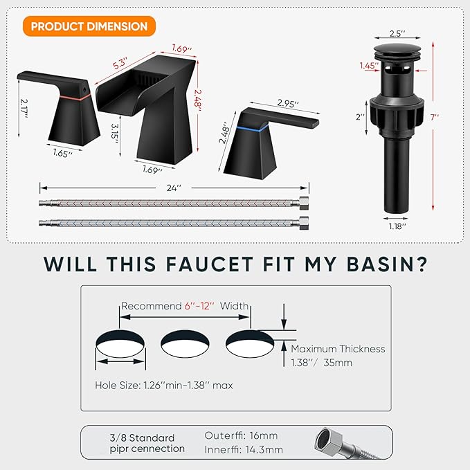 Matte Black Bathroom Faucet 3 Holes Two Handles Lavatory Vanity Sink Faucet Widespread 8 Inch Waterfall with Supply Hoses Stainless Steel