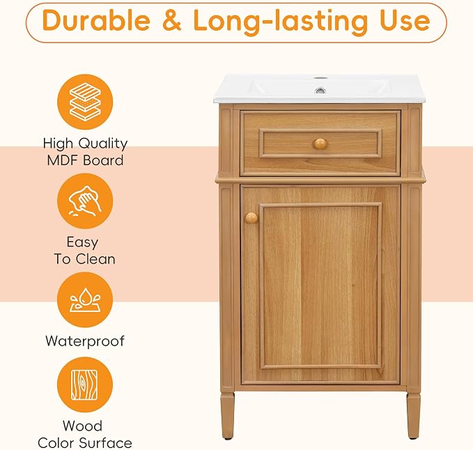 20" Small Bathroom Vanity with Ceramic Sink,Modern Freestanding Storage Cabinet w/Tilt-Out Drawer and Soft-Close Door,Adjustable Shelf,Solid Pinewood Frame for Bath/Powder/Guest Room,Wood
