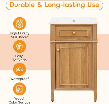 20" Small Bathroom Vanity with Ceramic Sink,Modern Freestanding Storage Cabinet w/Tilt-Out Drawer and Soft-Close Door,Adjustable Shelf,Solid Pinewood Frame for Bath/Powder/Guest Room,Wood