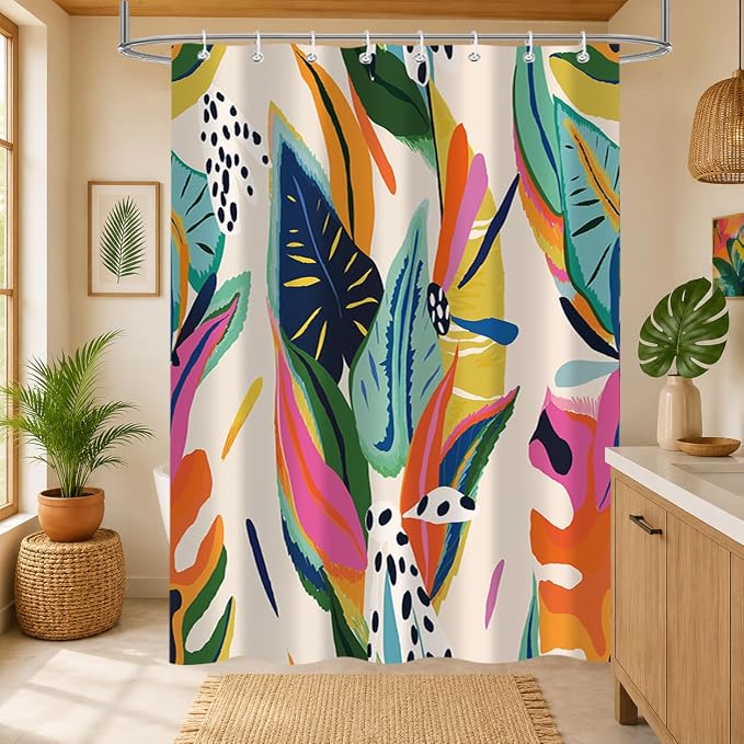 Colorful Abstract Shower Curtain, Floral Boho Modern Asthetic Plant Bathroom Curtain, Waterproof Polyester Fabric Shower Curtain Set with Hooks 48x72 Inch