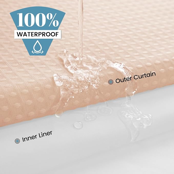 SORTTO No Hook Shower Curtain with Snap in Liner Set Waffle Shower Curtain for Bathroom Hotel Style Fabric Waterproof Inner Liner，71" W x 74" H, Blush Pink