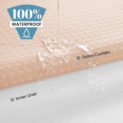 SORTTO No Hook Shower Curtain with Snap in Liner Set Waffle Shower Curtain for Bathroom Hotel Style Fabric Waterproof Inner Liner，71" W x 74" H, Blush Pink